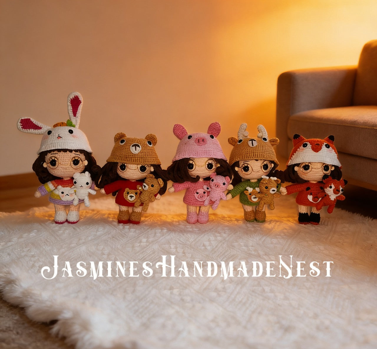 Handmade Crochet Bunny, Fox, Fawn, Pig & Bear Dolls – Amigurumi Woodland Animal Plush Set, Cute Handmade Gift for Kids & Girls