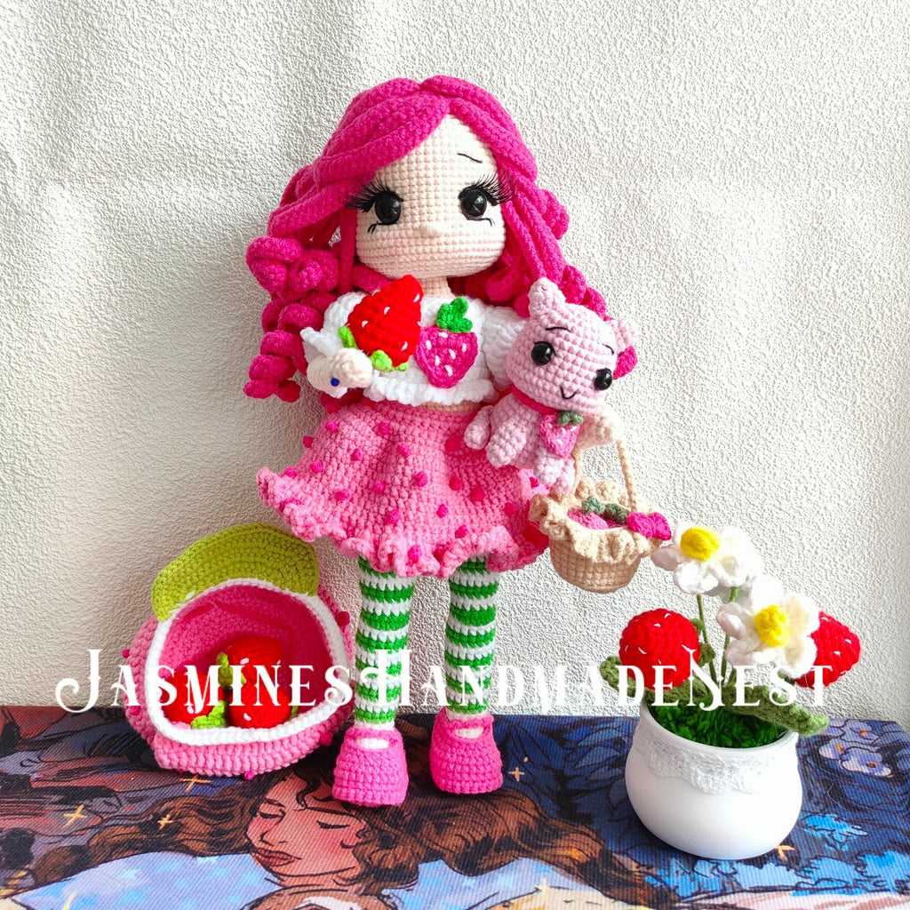 Crocheted Pink Strawberry Girl Doll | 3D Strawberry Skirt + Curly Hair Design | Poseable & Huggable | Soft Cute Yarn Plush | Perfect Birthday Gift for Besties
