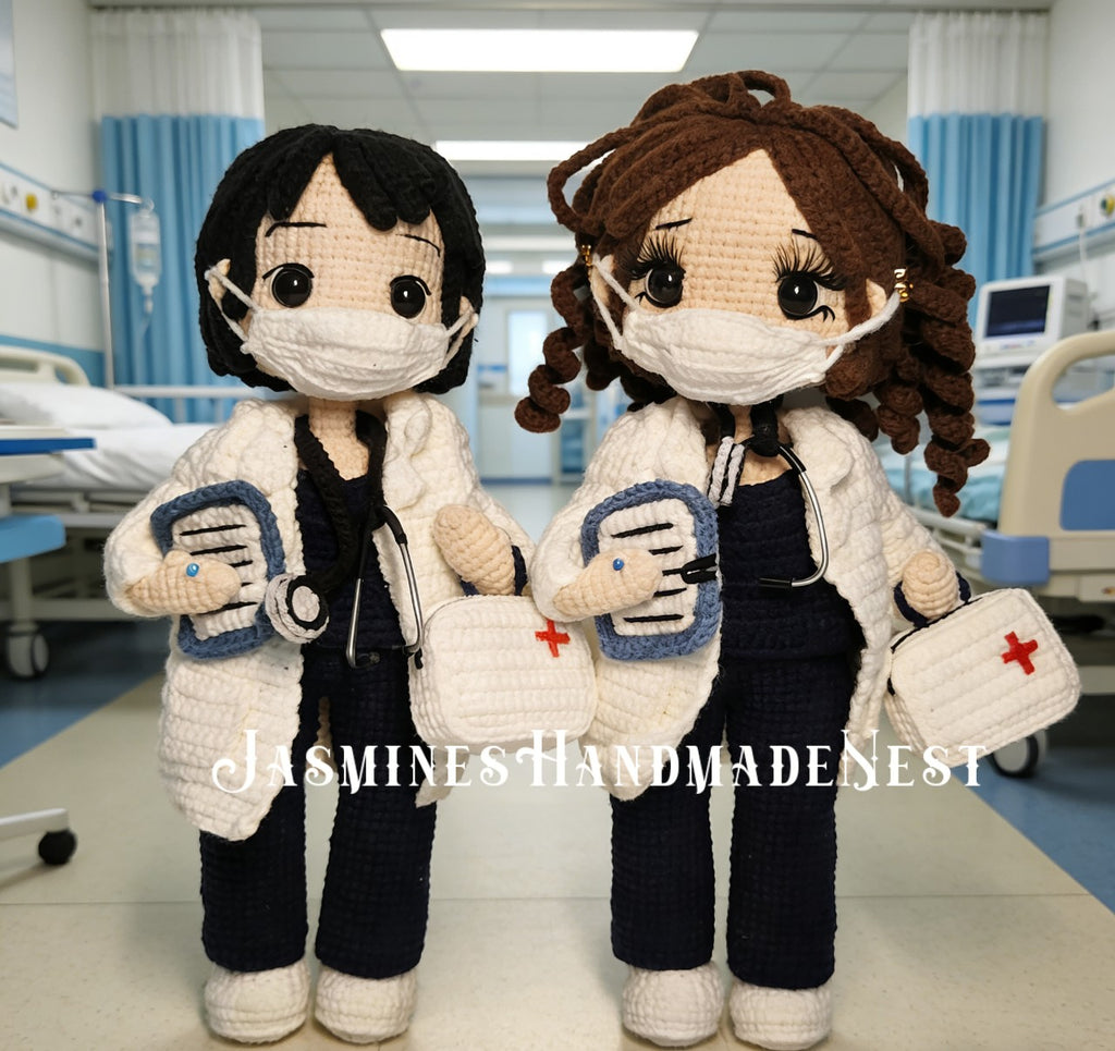 Custom Doctor Crochet Doll – Handmade Personalized Amigurumi Medical Gift, Changeable Hair Color & Outfit