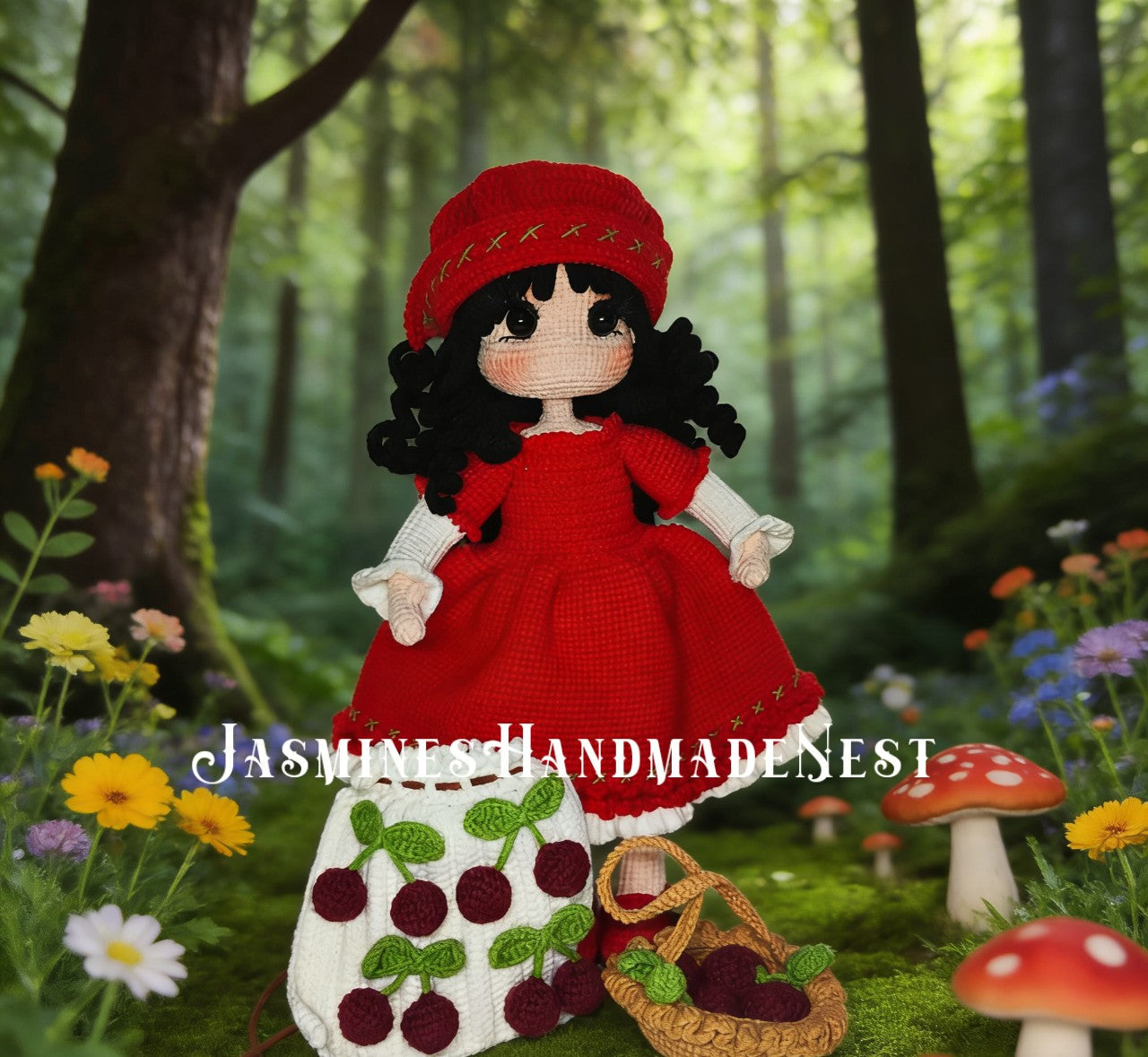 Crochet Mushroom & Cherry Girl Doll, Handmade Amigurumi Plush, Woodland Cottagecore Fairy Doll