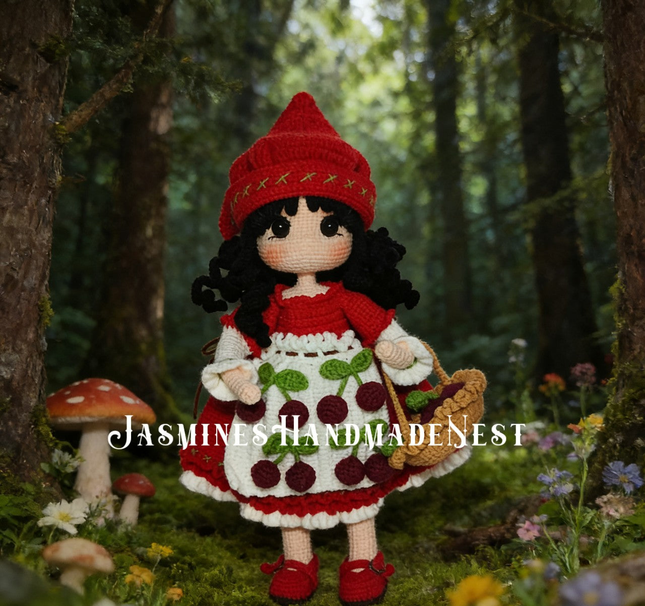 Crochet Mushroom & Cherry Girl Doll, Handmade Amigurumi Plush, Woodland Cottagecore Fairy Doll