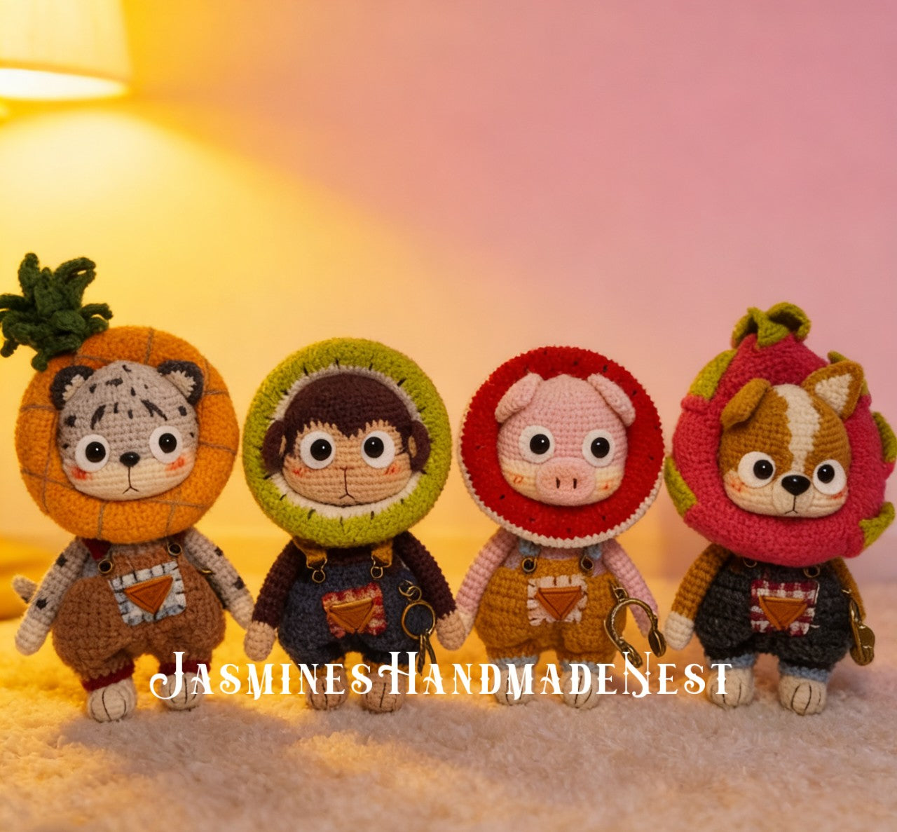 Handmade Crochet Fruit Animal Dolls – Amigurumi Plush Toys, Dragon Fruit Dog, Watermelon Pig, Kiwi Monkey, Pineapple Leopard Gift