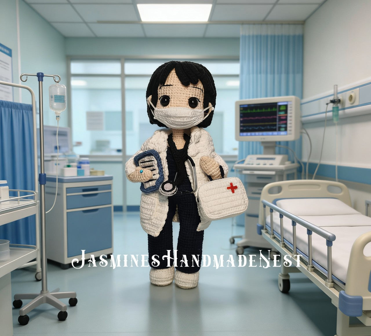 Custom Doctor Crochet Doll – Handmade Personalized Amigurumi Medical Gift, Changeable Hair Color & Outfit