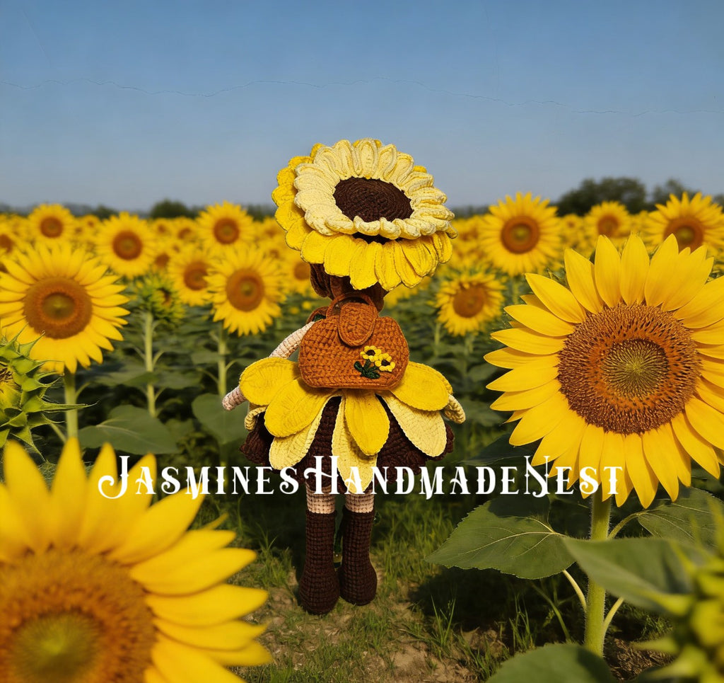 Handmade Crochet Sunflower Girl Doll – Poseable Amigurumi Plush Doll, Cute Floral Gift