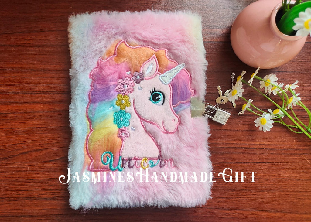 Kawaii Fuzzy Unicorn Notebook with Lock, Embroidery Rainbow Floral Unicorn Plush Journal, Lockable Secret Diary for Kids Teen Girls Stationery Gift