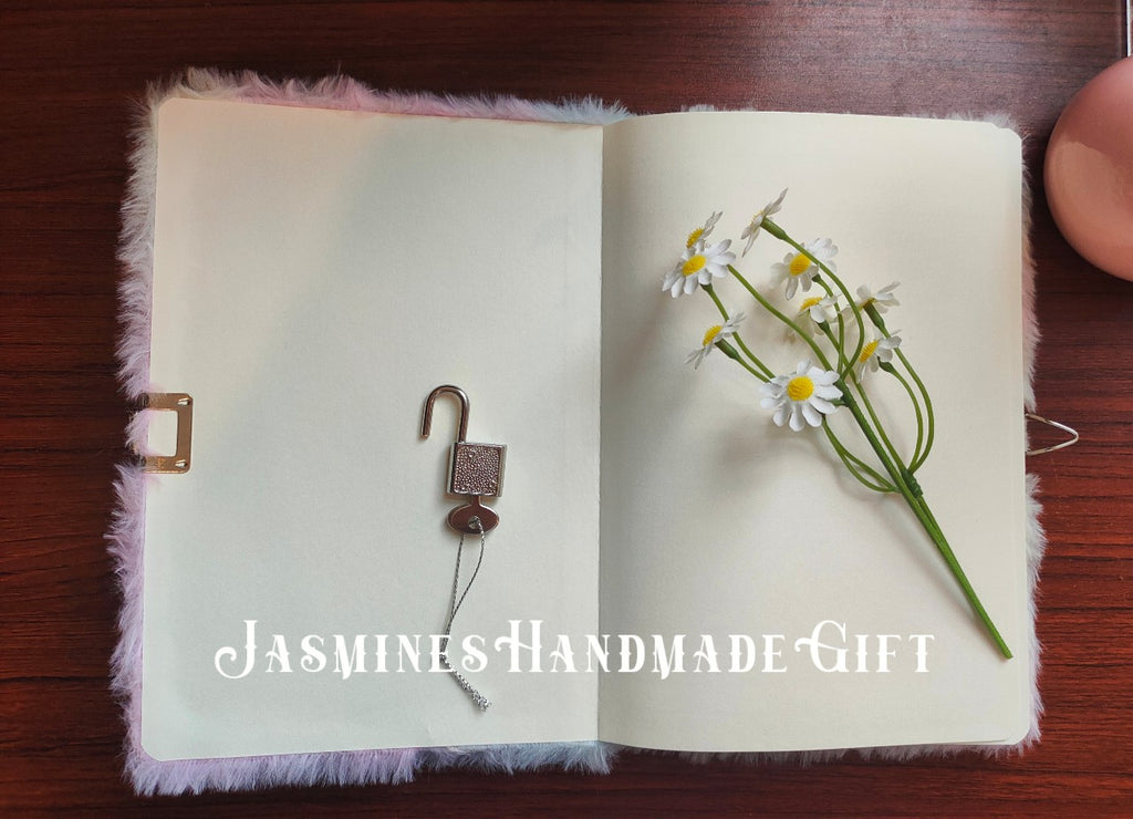 Kawaii Fuzzy Unicorn Notebook with Lock, Embroidery Rainbow Floral Unicorn Plush Journal, Lockable Secret Diary for Kids Teen Girls Stationery Gift
