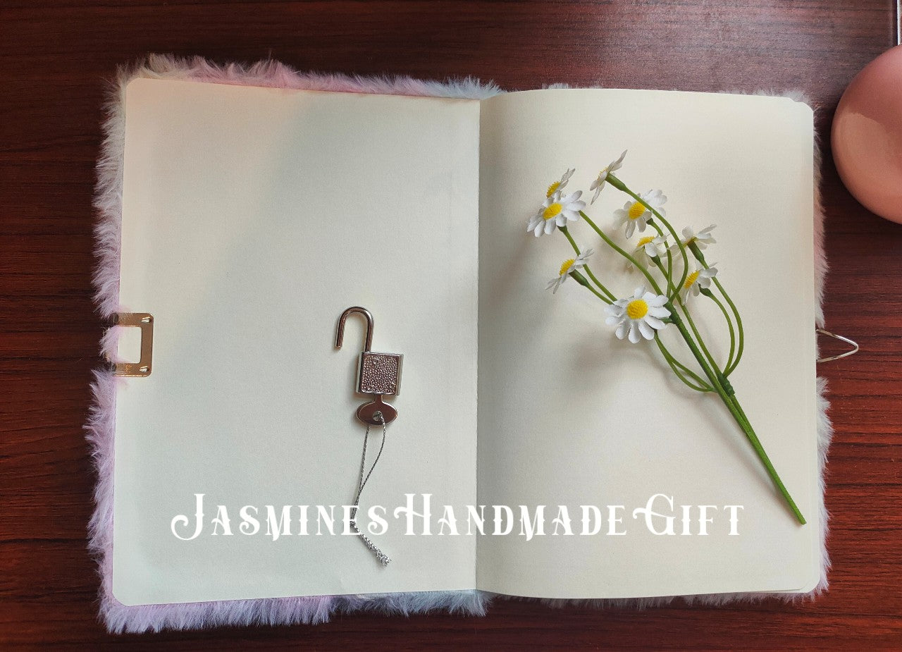 Kawaii Fuzzy Unicorn Notebook with Lock, Embroidery Rainbow Floral Unicorn Plush Journal, Lockable Secret Diary for Kids Teen Girls Stationery Gift