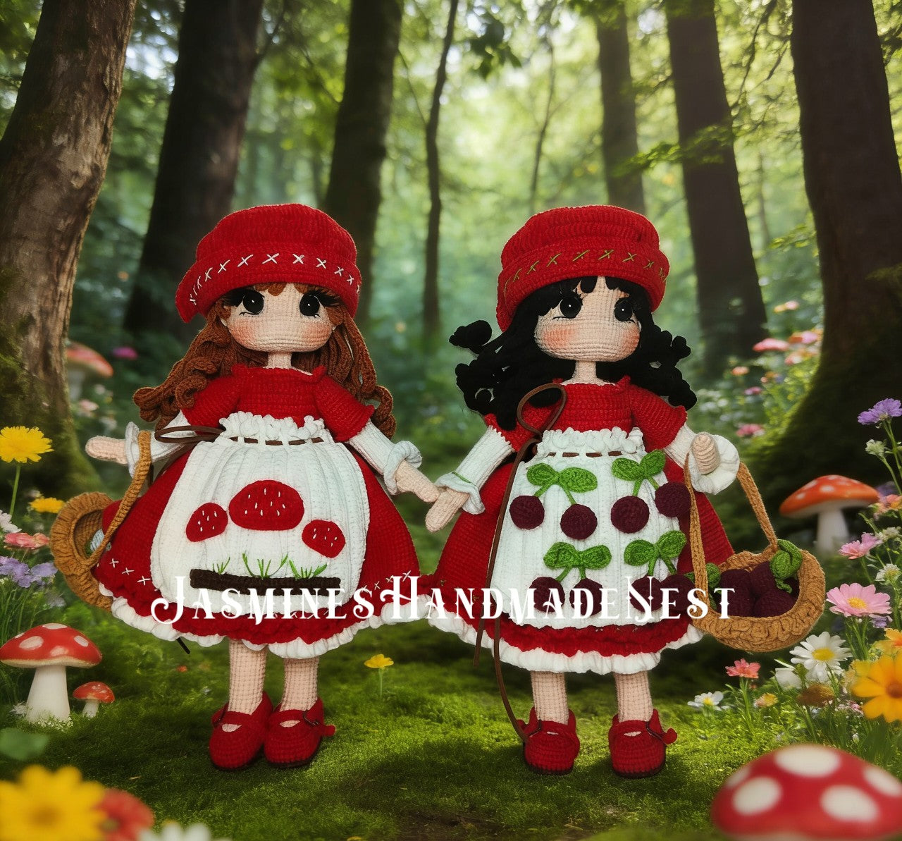 Crochet Mushroom & Cherry Girl Doll, Handmade Amigurumi Plush, Woodland Cottagecore Fairy Doll