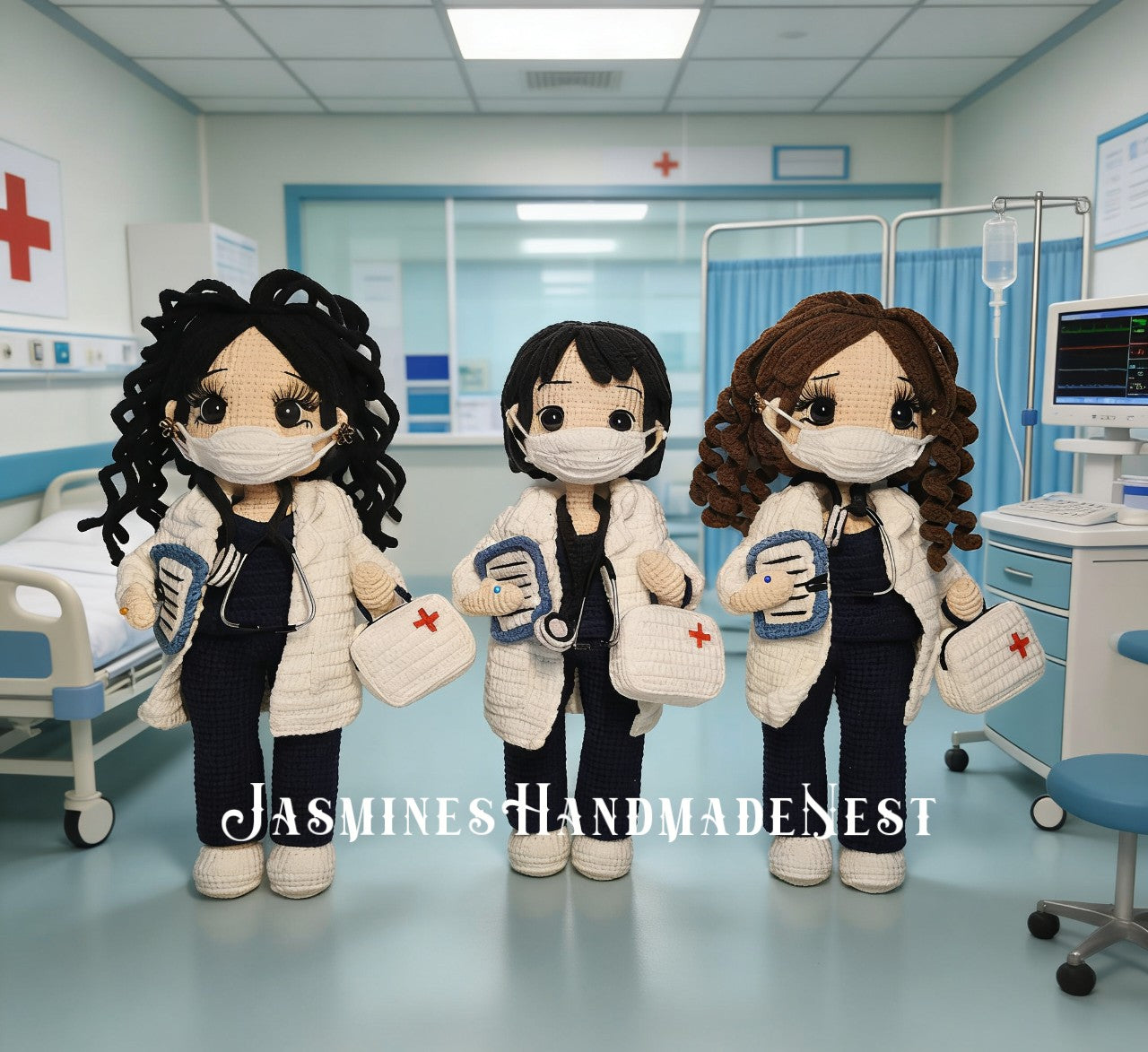 Custom Doctor Crochet Doll – Handmade Personalized Amigurumi Medical Gift, Changeable Hair Color & Outfit
