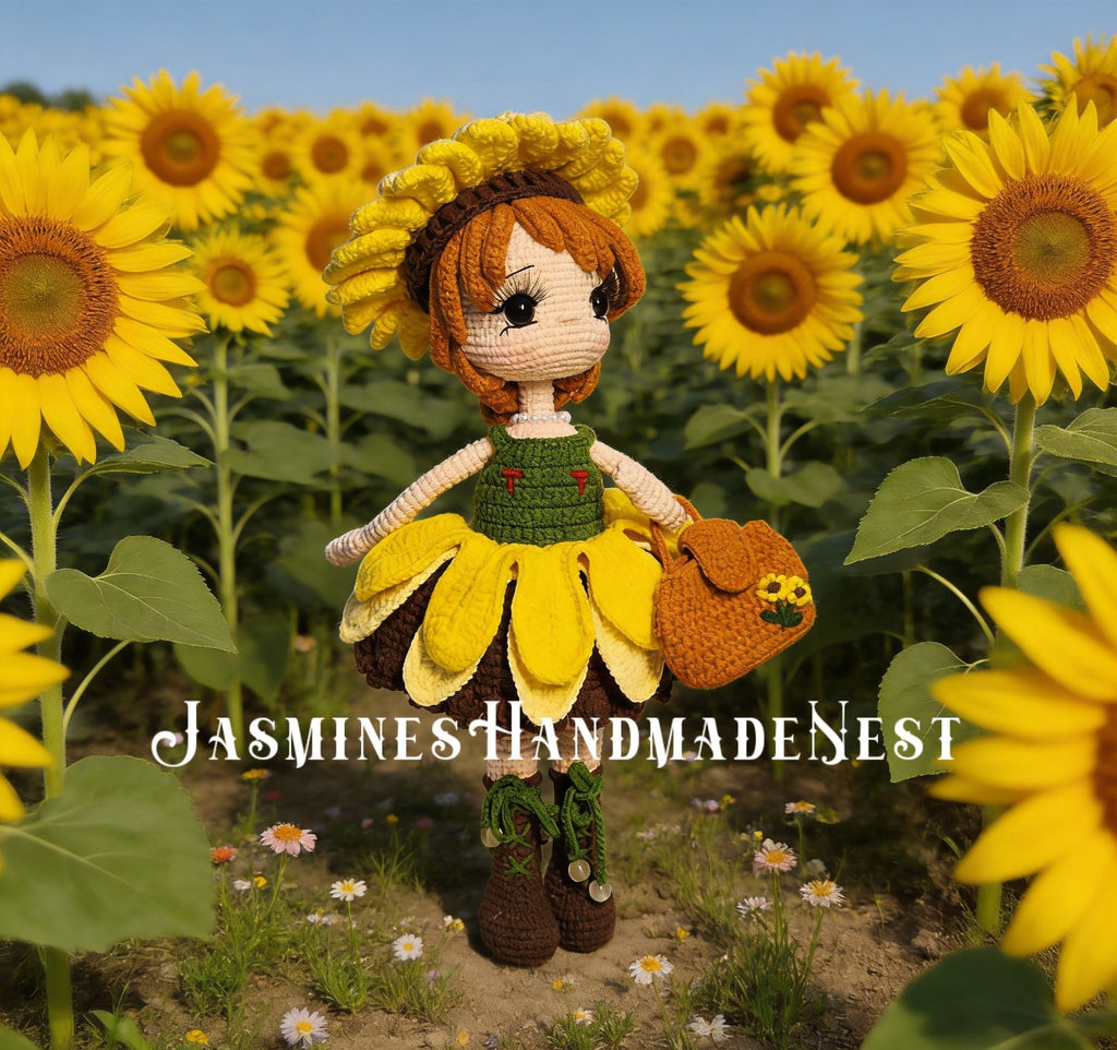 Handmade Crochet Sunflower Girl Doll – Poseable Amigurumi Plush Doll, Cute Floral Gift
