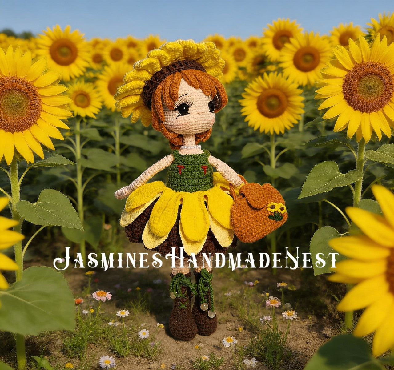 Handmade Crochet Sunflower Girl Doll – Poseable Amigurumi Plush Doll, Cute Floral Gift