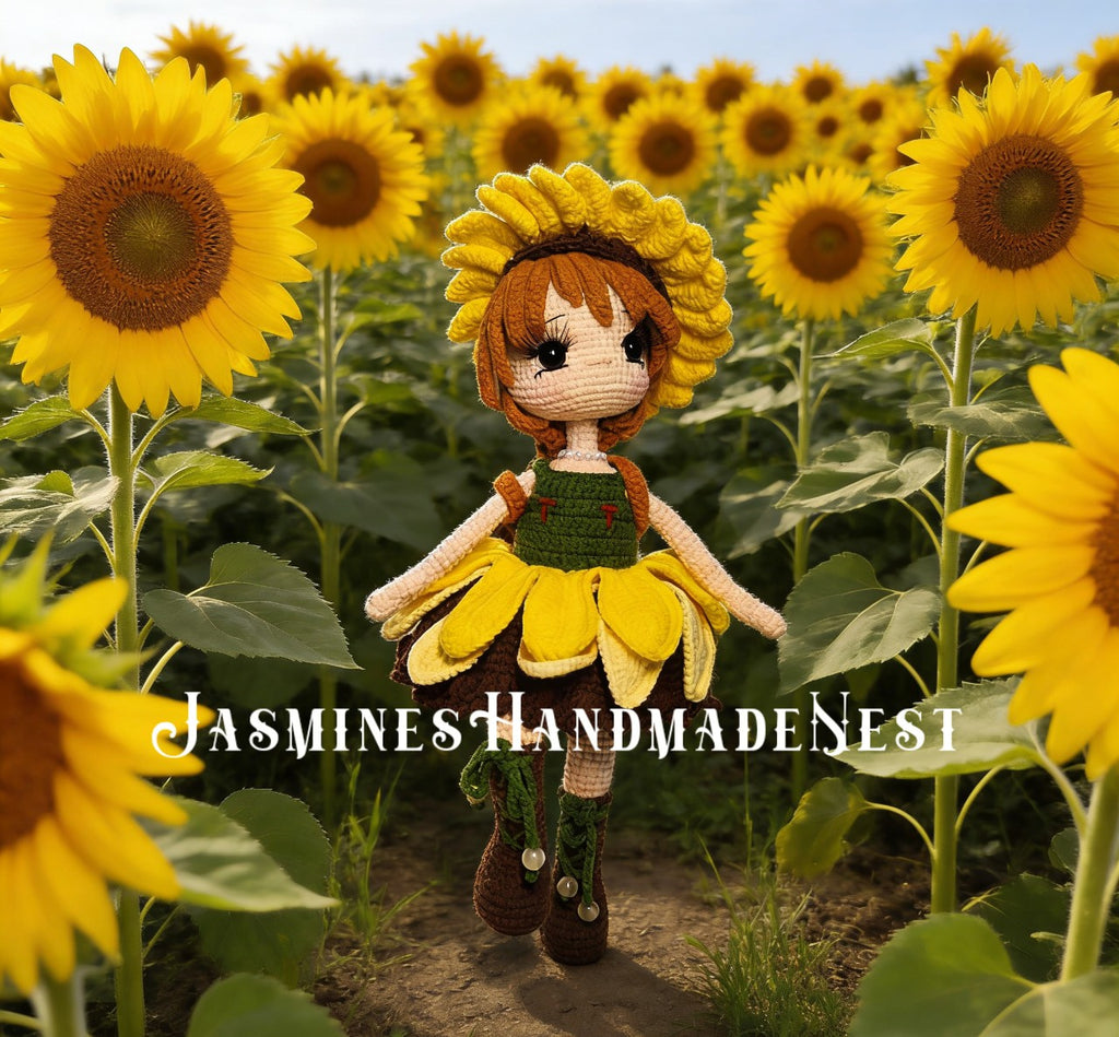 Handmade Crochet Sunflower Girl Doll – Poseable Amigurumi Plush Doll, Cute Floral Gift