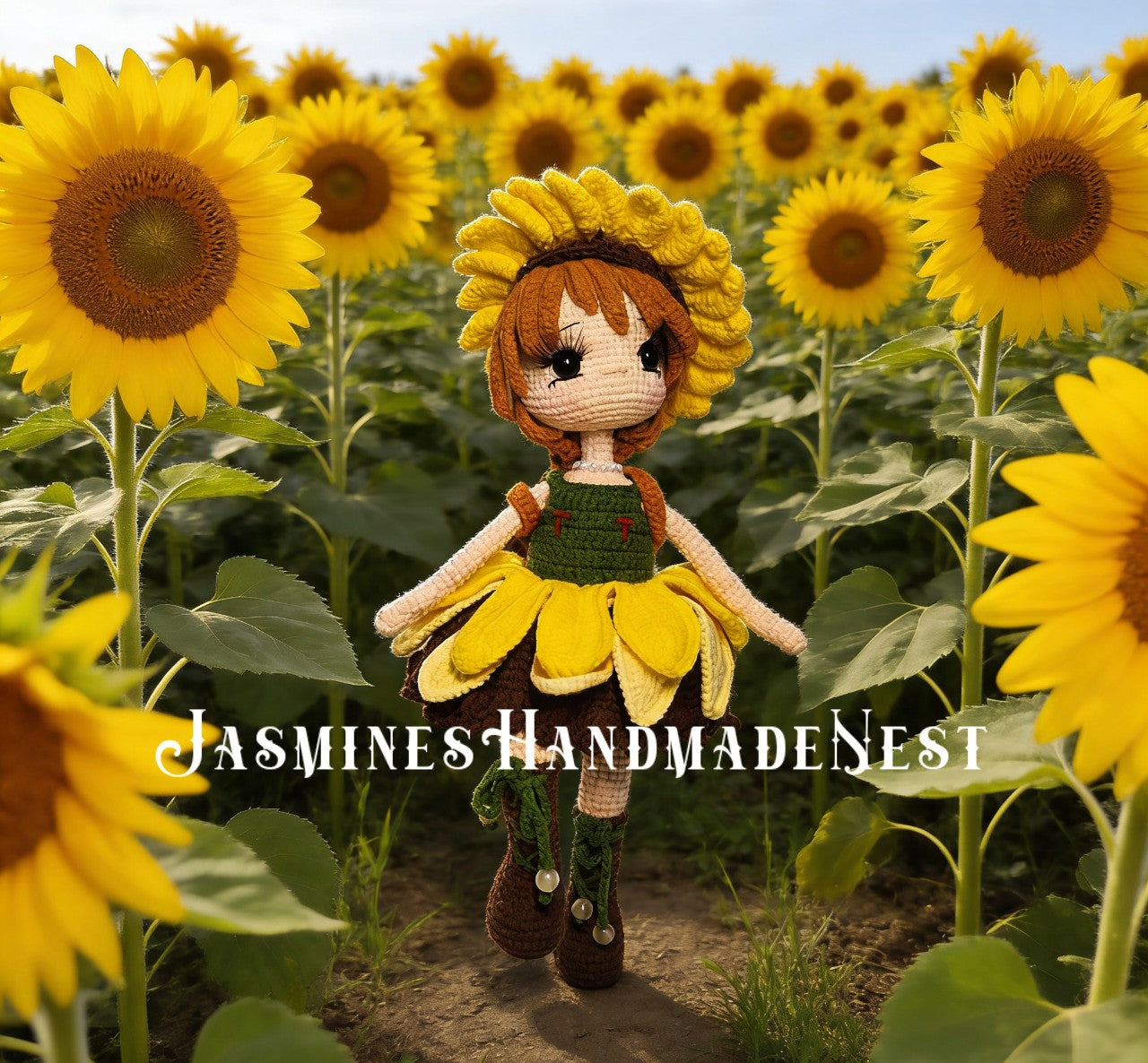 Handmade Crochet Sunflower Girl Doll – Poseable Amigurumi Plush Doll, Cute Floral Gift