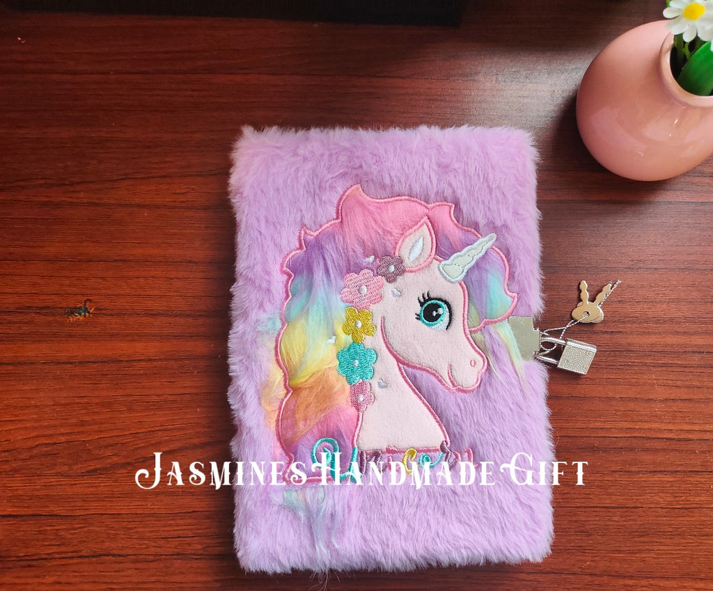 Kawaii Fuzzy Unicorn Notebook with Lock, Embroidery Rainbow Floral Unicorn Plush Journal, Lockable Secret Diary for Kids Teen Girls Stationery Gift