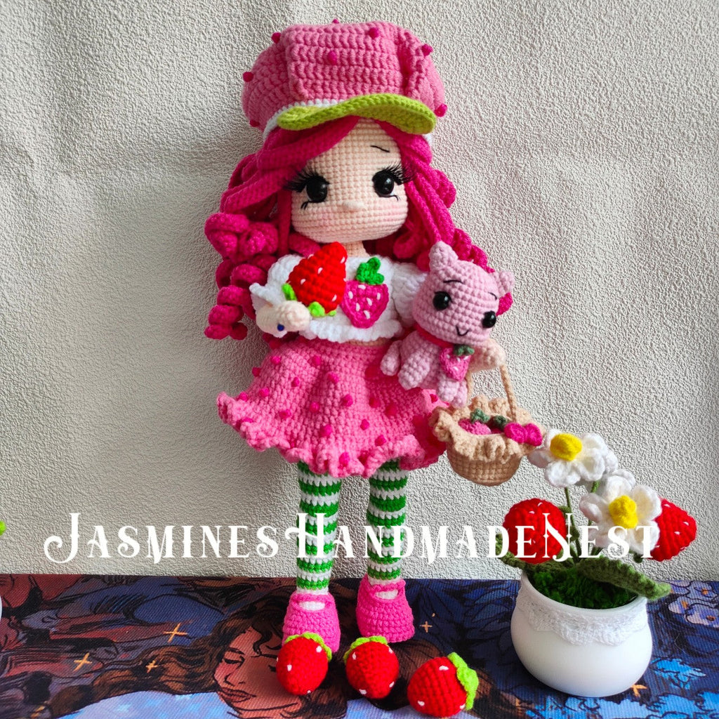 Crocheted Pink Strawberry Girl Doll | 3D Strawberry Skirt + Curly Hair Design | Poseable & Huggable | Soft Cute Yarn Plush | Perfect Birthday Gift for Besties
