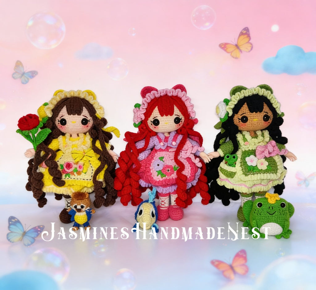 Handmade Crochet Princess, Wish Girl, Frog & Mermaid Dolls – Amigurumi Plush Set, Cute Fantasy Gift