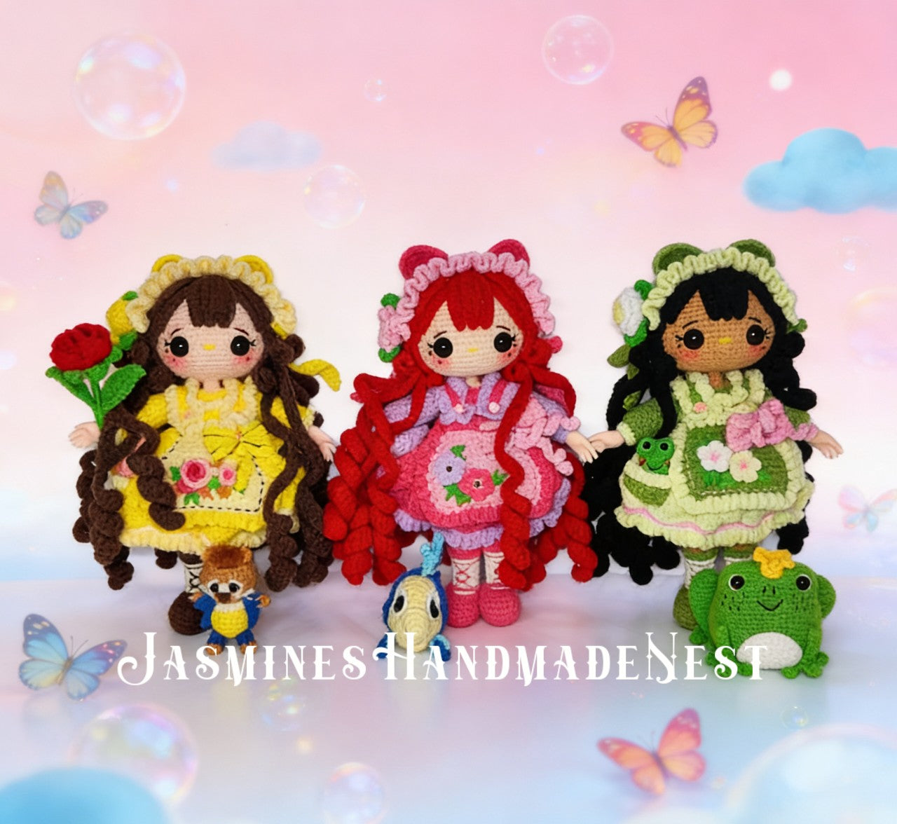 Handmade Crochet Princess, Wish Girl, Frog & Mermaid Dolls – Amigurumi Plush Set, Cute Fantasy Gift