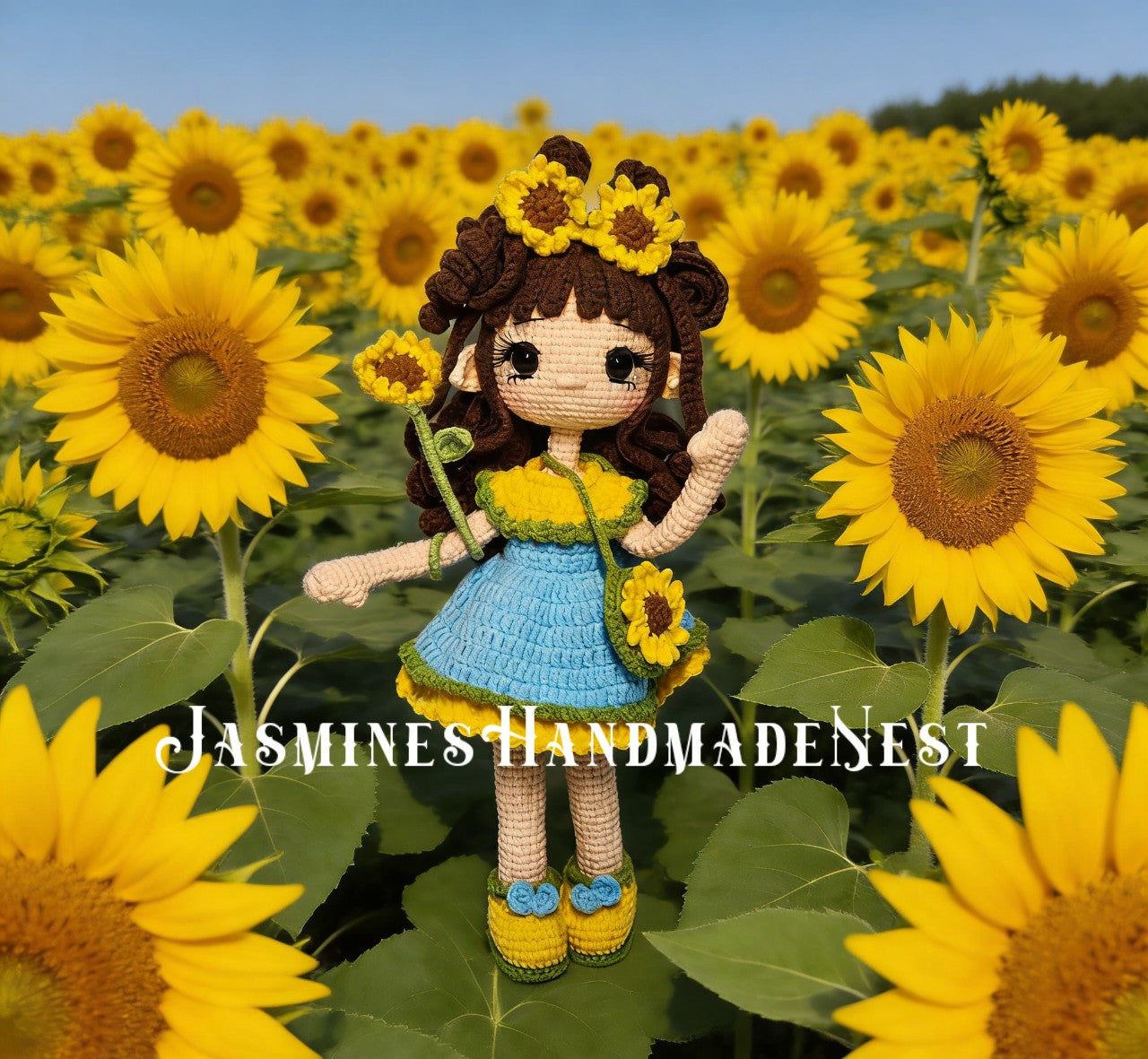 Handmade Crochet Sunflower Girl Doll – Poseable Amigurumi Plush Doll, Cute Floral Gift