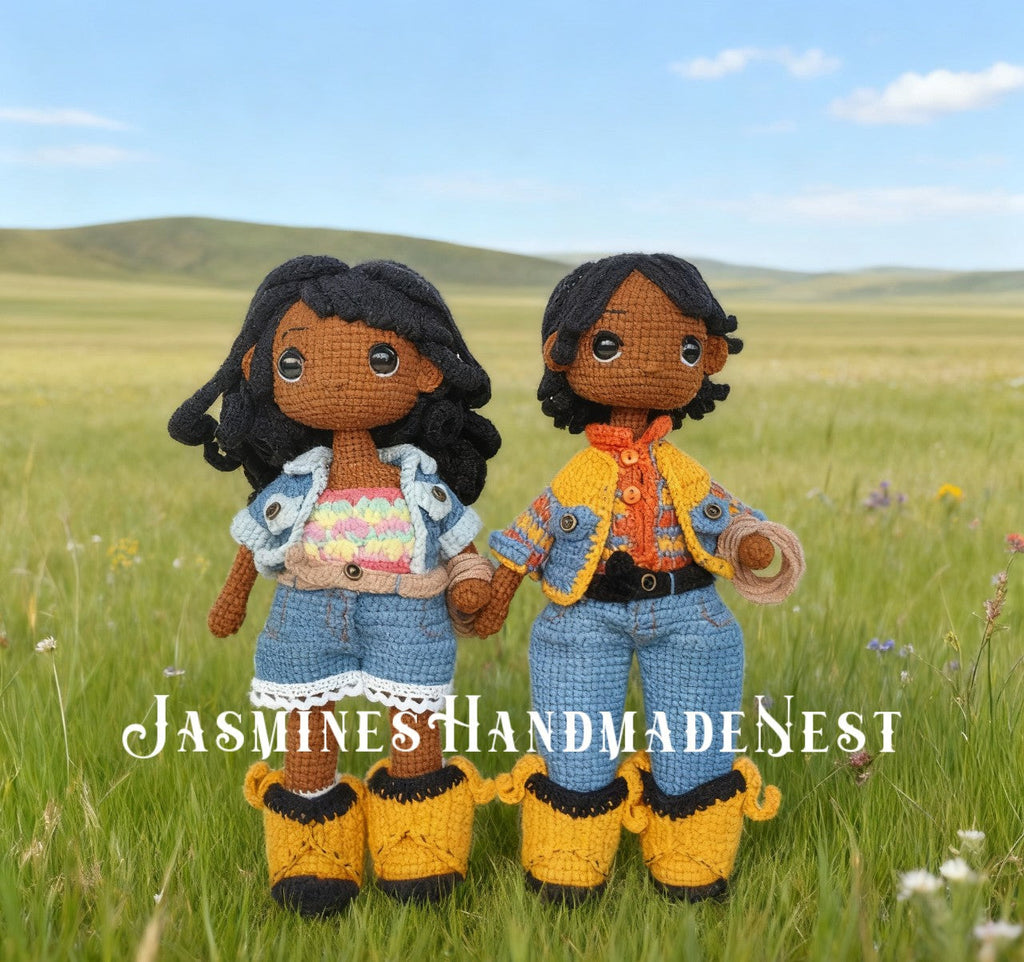 Handmade Crochet Cowboy and Cowgirl Dolls – Amigurumi Western Plush Toy Set – Soft Stuffed Doll Pair for Kids, Nursery Decor, or Collector Gift