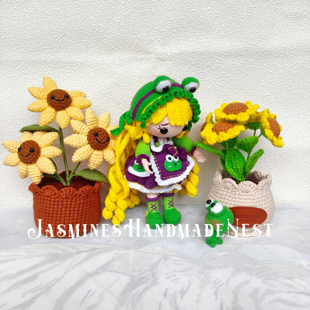 Wishing Girl in Frog Costume – Handmade Crochet Plush Doll, Whimsical Amigurumi Gift, Soft Toy for Kids, Room Decor or Collector Display