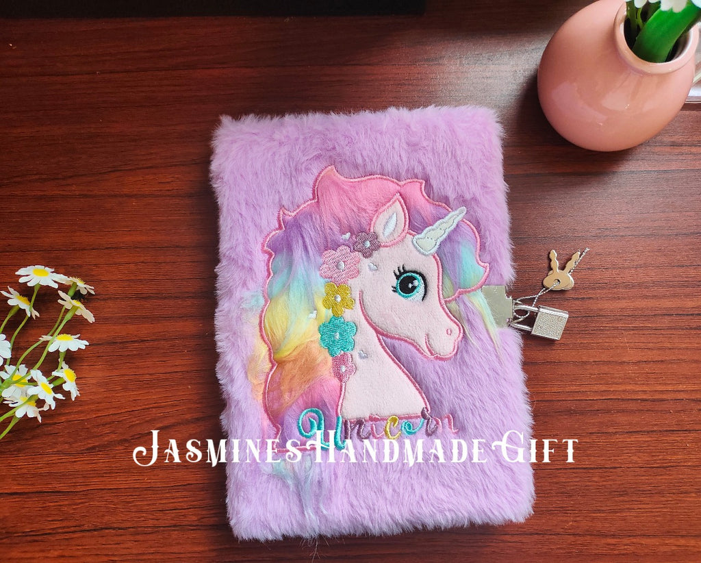 Kawaii Fuzzy Unicorn Notebook with Lock, Embroidery Rainbow Floral Unicorn Plush Journal, Lockable Secret Diary for Kids Teen Girls Stationery Gift