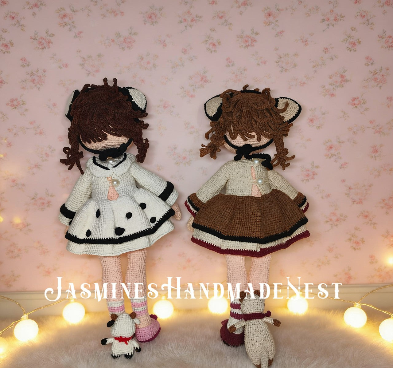 Handmade Crochet Doll Set - Cow & Cat Amigurumi Dolls with Plush Pets, Custom Stuffed Art Doll Gift for Her