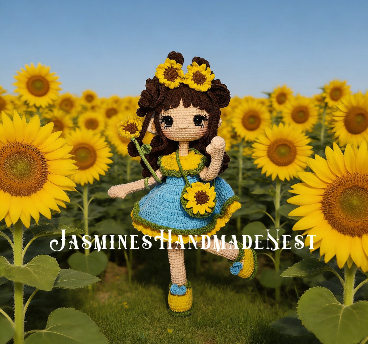 Handmade Crochet Sunflower Girl Doll – Poseable Amigurumi Plush Doll, Cute Floral Gift