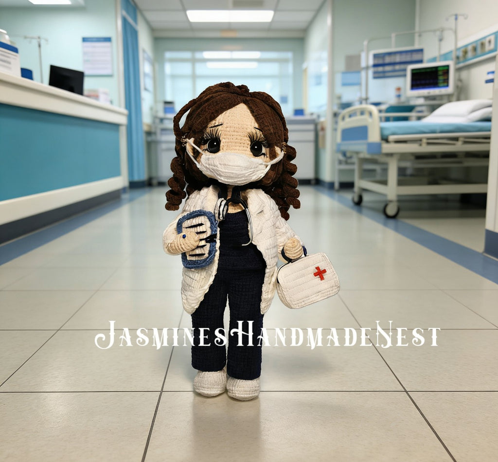 Custom Doctor Crochet Doll – Handmade Personalized Amigurumi Medical Gift, Changeable Hair Color & Outfit