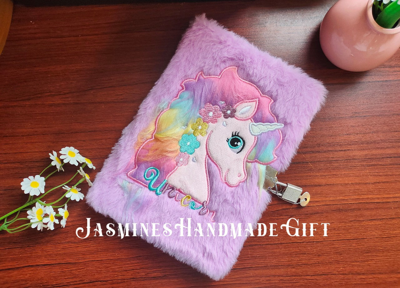 Kawaii Fuzzy Unicorn Notebook with Lock, Embroidery Rainbow Floral Unicorn Plush Journal, Lockable Secret Diary for Kids Teen Girls Stationery Gift