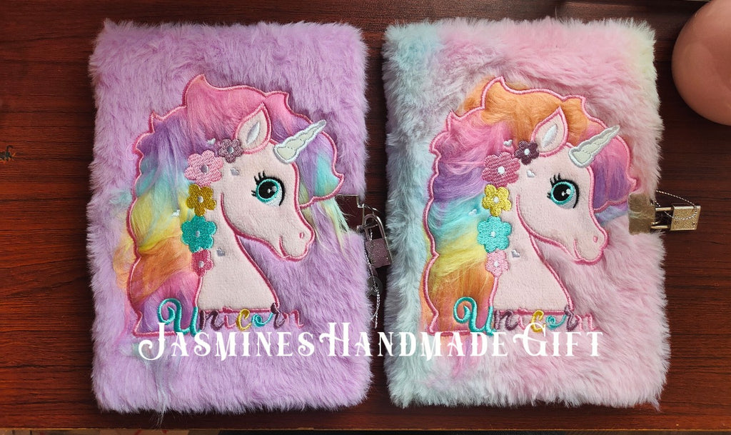 Kawaii Fuzzy Unicorn Notebook with Lock, Embroidery Rainbow Floral Unicorn Plush Journal, Lockable Secret Diary for Kids Teen Girls Stationery Gift
