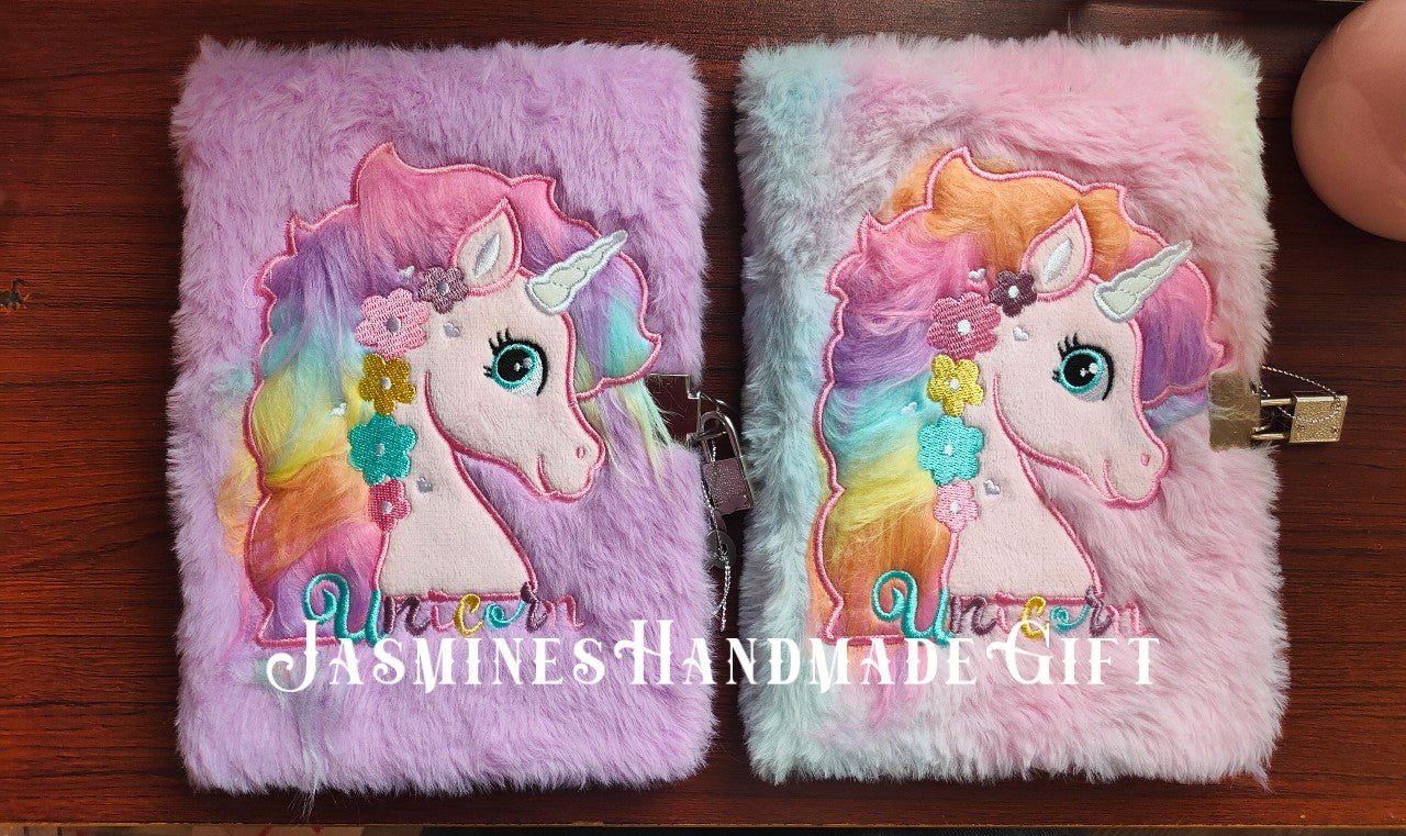 Kawaii Fuzzy Unicorn Notebook with Lock, Embroidery Rainbow Floral Unicorn Plush Journal, Lockable Secret Diary for Kids Teen Girls Stationery Gift