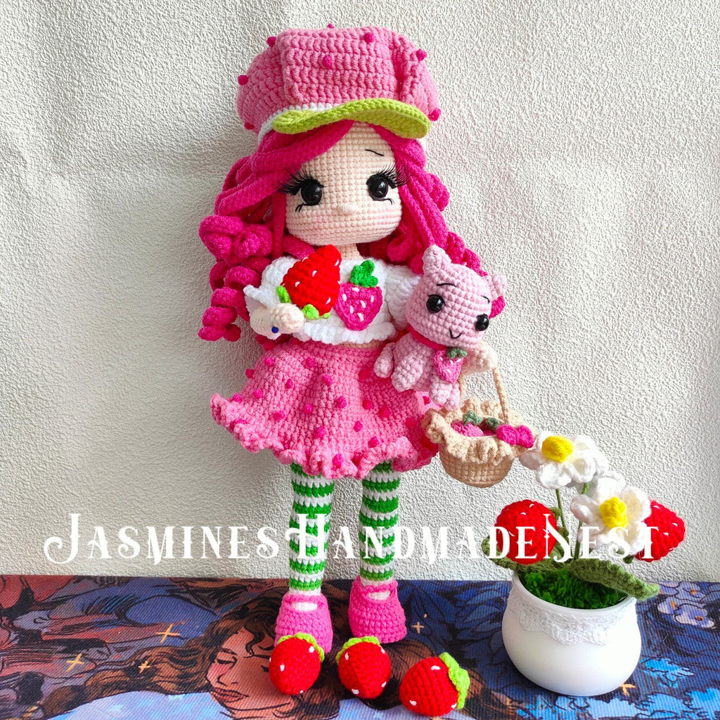 Crocheted Pink Strawberry Girl Doll | 3D Strawberry Skirt + Curly Hair Design | Poseable & Huggable | Soft Cute Yarn Plush | Perfect Birthday Gift for Besties