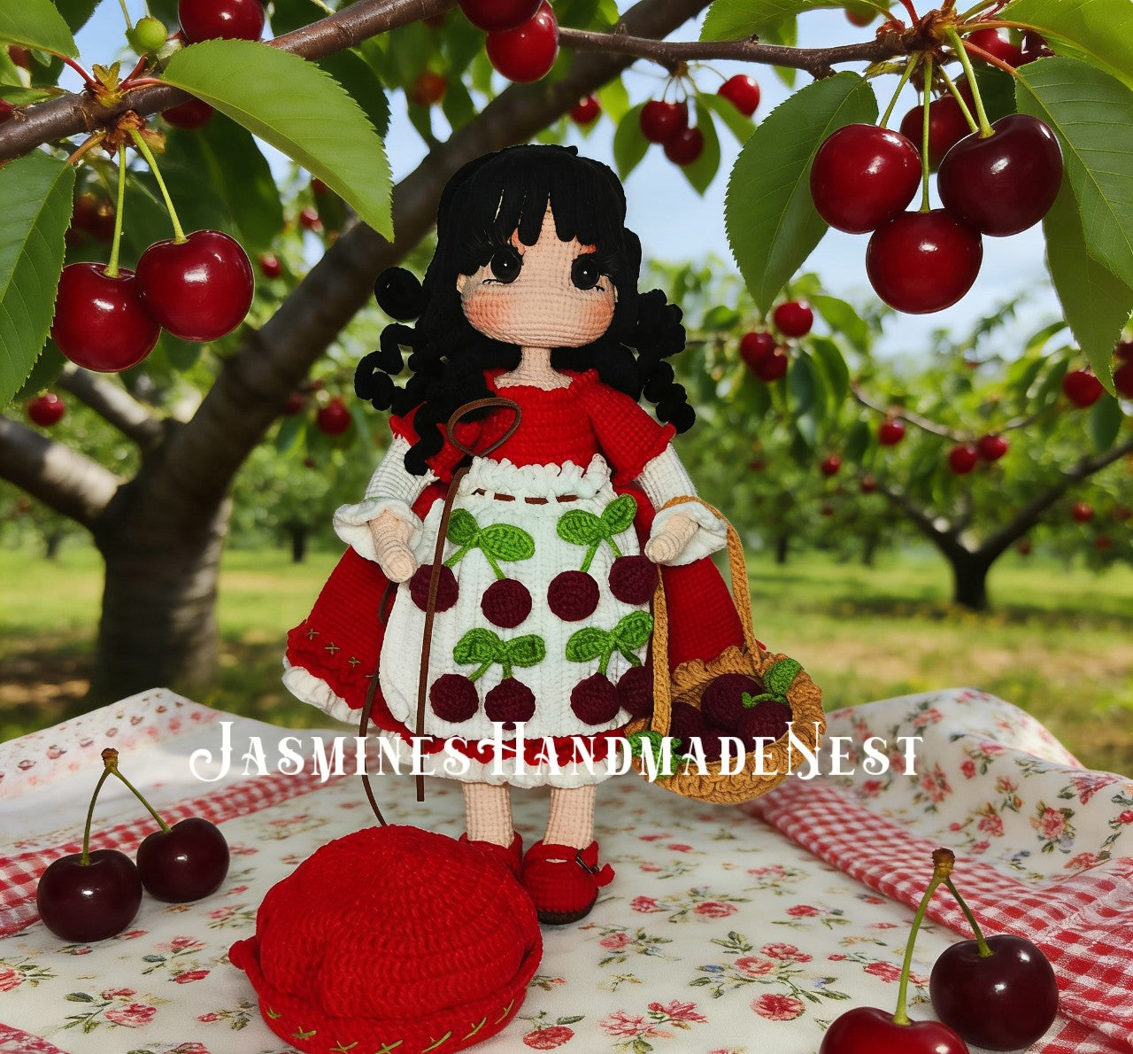 Crochet Mushroom & Cherry Girl Doll, Handmade Amigurumi Plush, Woodland Cottagecore Fairy Doll